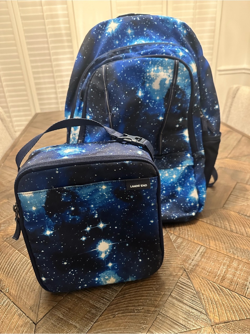 Lands' End Navy Galaxy Print Backpack with Matching Lunch Bag